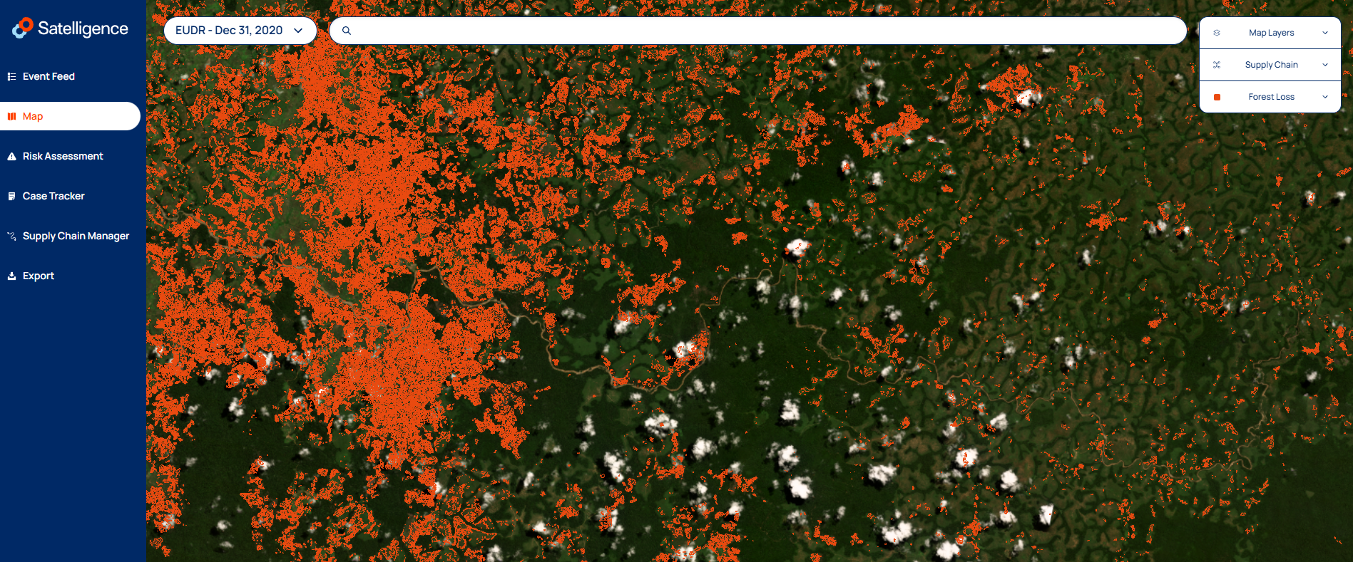 Screenshot of a map in Satelligence. Red markings show forest loss.